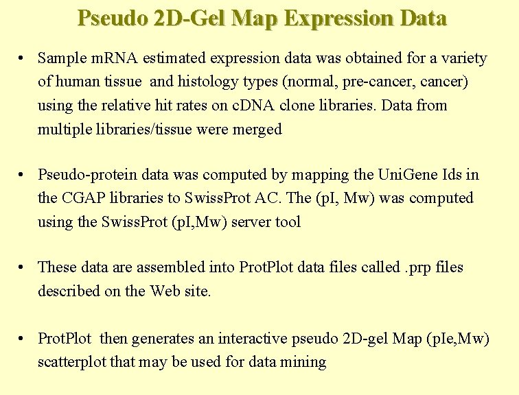 Pseudo 2 D-Gel Map Expression Data • Sample m. RNA estimated expression data was
