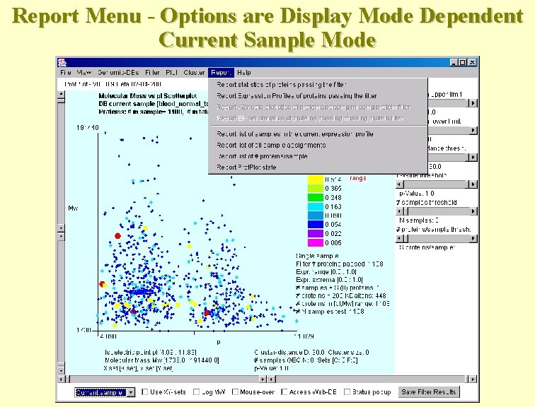 Report Menu - Options are Display Mode Dependent Current Sample Mode 