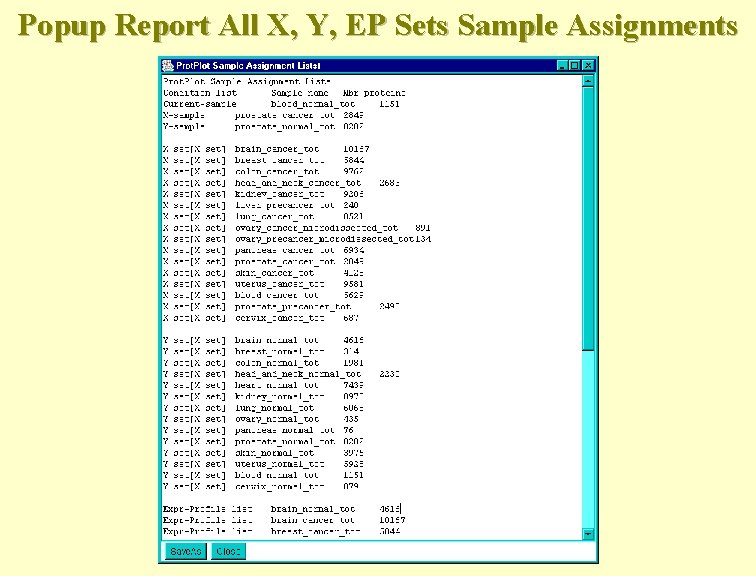 Popup Report All X, Y, EP Sets Sample Assignments 