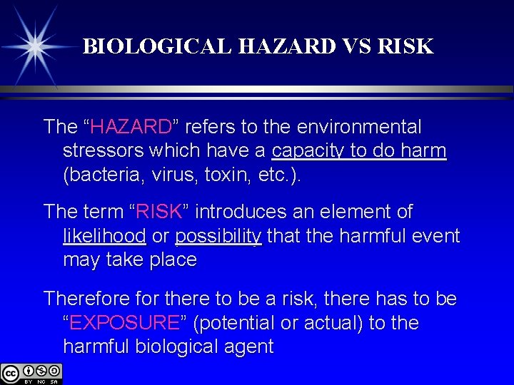 BIOLOGICAL HAZARD VS RISK The “HAZARD” refers to the environmental stressors which have a