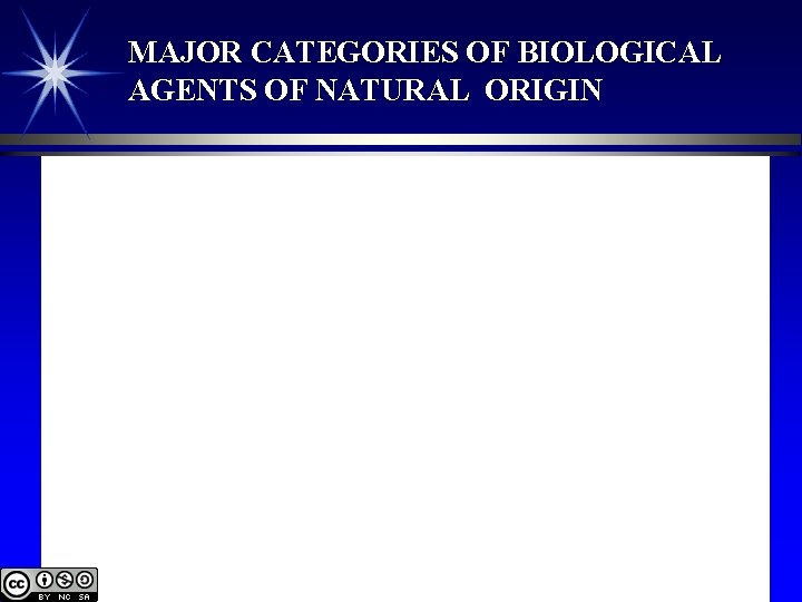 MAJOR CATEGORIES OF BIOLOGICAL AGENTS OF NATURAL ORIGIN 