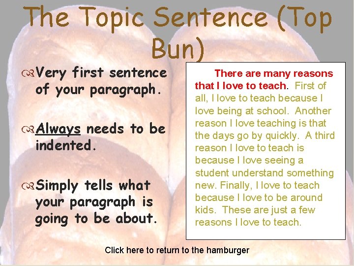 The Topic Sentence (Top Bun) Very first sentence of your paragraph. Always needs to