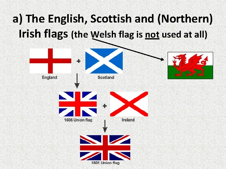 a) The English, Scottish and (Northern) Irish flags (the Welsh flag is not used