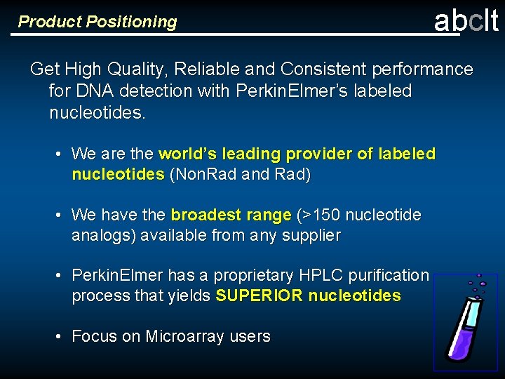 Product Positioning abclt Get High Quality, Reliable and Consistent performance for DNA detection with