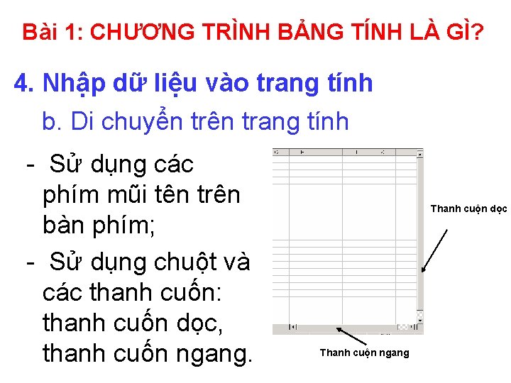 Bài 1: CHƯƠNG TRÌNH BẢNG TÍNH LÀ GÌ? 4. Nhập dữ liệu vào trang