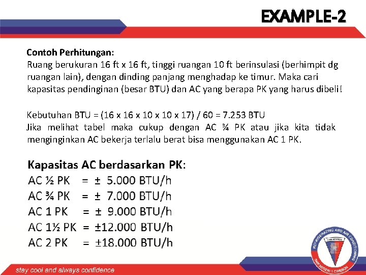 EXAMPLE-2 Contoh Perhitungan: Ruang berukuran 16 ft x 16 ft, tinggi ruangan 10 ft