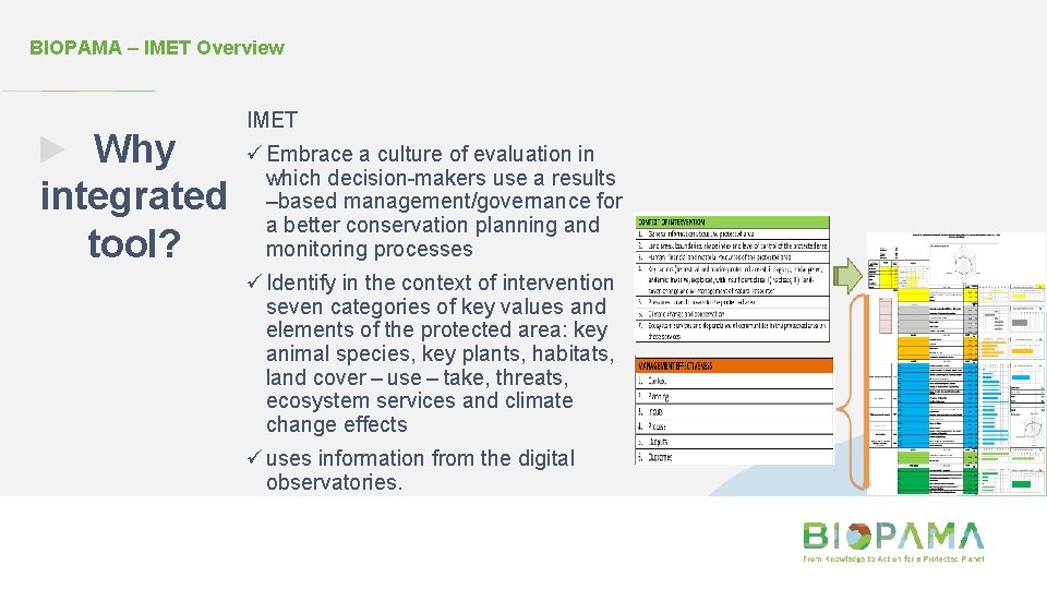 BIOPAMA – IMET Overview Why integrated tool? IMET ü Embrace a culture of evaluation