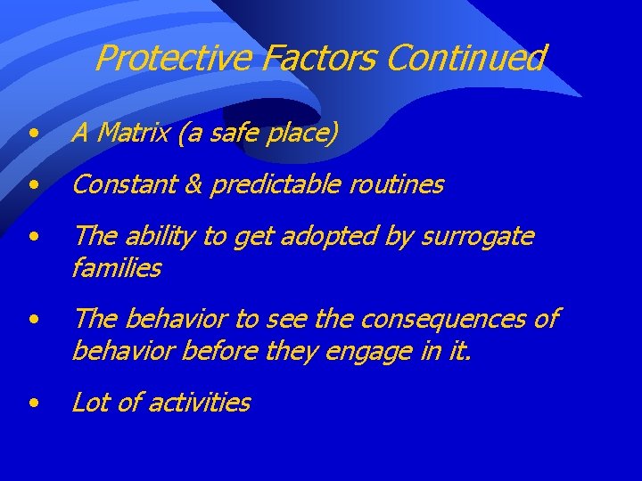 Protective Factors Continued • A Matrix (a safe place) • Constant & predictable routines