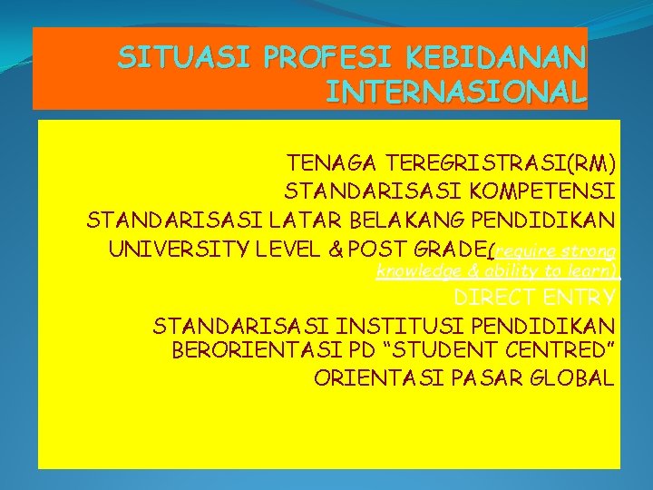 SITUASI PROFESI KEBIDANAN INTERNASIONAL TENAGA TEREGRISTRASI(RM) STANDARISASI KOMPETENSI STANDARISASI LATAR BELAKANG PENDIDIKAN UNIVERSITY LEVEL