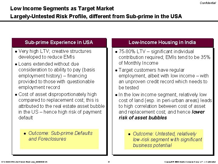 Confidential Low Income Segments as Target Market Largely-Untested Risk Profile, different from Sub-prime in