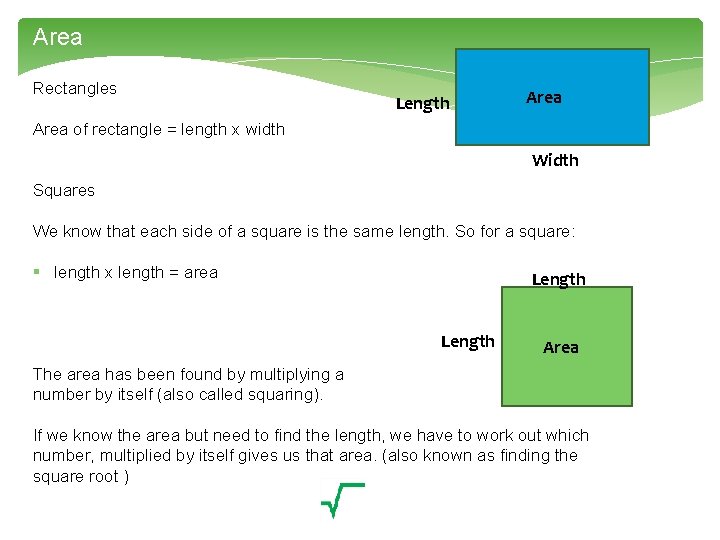 Area Rectangles Length Area of rectangle = length x width Width Squares We know