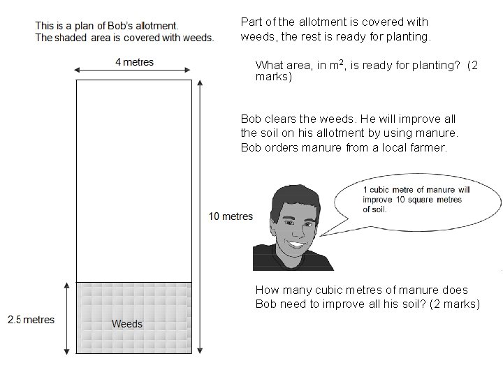 Part of the allotment is covered with weeds, the rest is ready for planting.