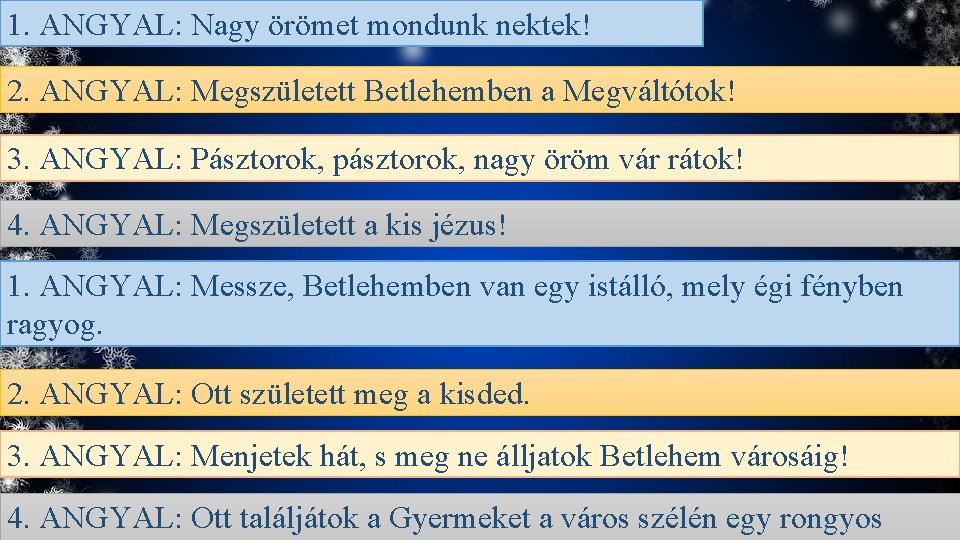 1. ANGYAL: Nagy örömet mondunk nektek! 2. ANGYAL: Megszületett Betlehemben a Megváltótok! 3. ANGYAL: