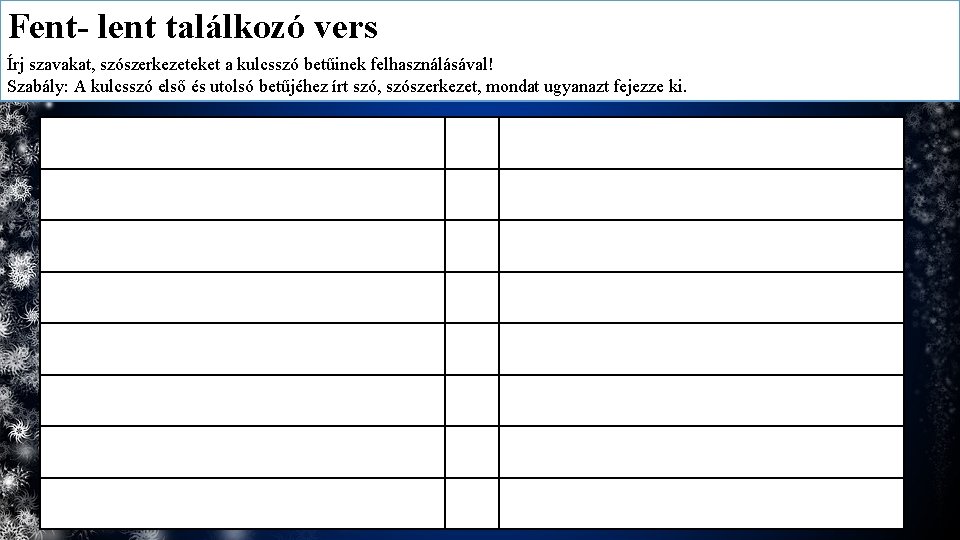 Fent- lent találkozó vers Írj szavakat, szószerkezeteket a kulcsszó betűinek felhasználásával! Szabály: A kulcsszó