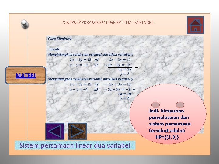 SISTEM PERSAMAAN LINEAR DUA VARIABEL MATERI Jadi, himpunan penyelesaian dari sistem persamaan tersebut adalah