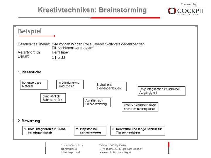 Kreativtechniken: Brainstorming Powered by Beispiel 31. 5. 08 10. 08. 2010 3 Cockpit-Consulting Nordstraße