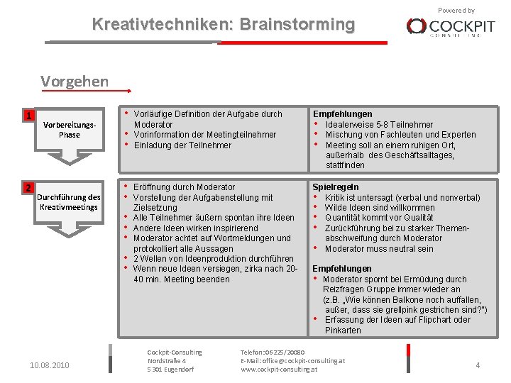 Kreativtechniken: Brainstorming Powered by Vorgehen 1 2 Vorbereitungs. Phase Durchführung des Kreativmeetings • •