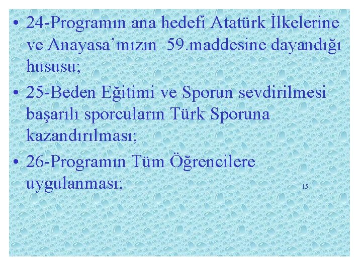  • 24 -Programın ana hedefi Atatürk İlkelerine ve Anayasa’mızın 59. maddesine dayandığı hususu;
