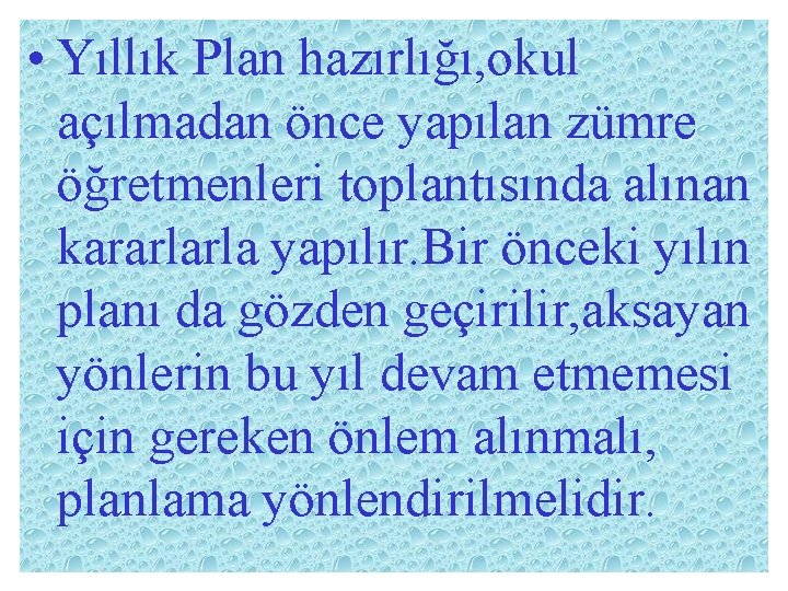  • Yıllık Plan hazırlığı, okul açılmadan önce yapılan zümre öğretmenleri toplantısında alınan kararlarla