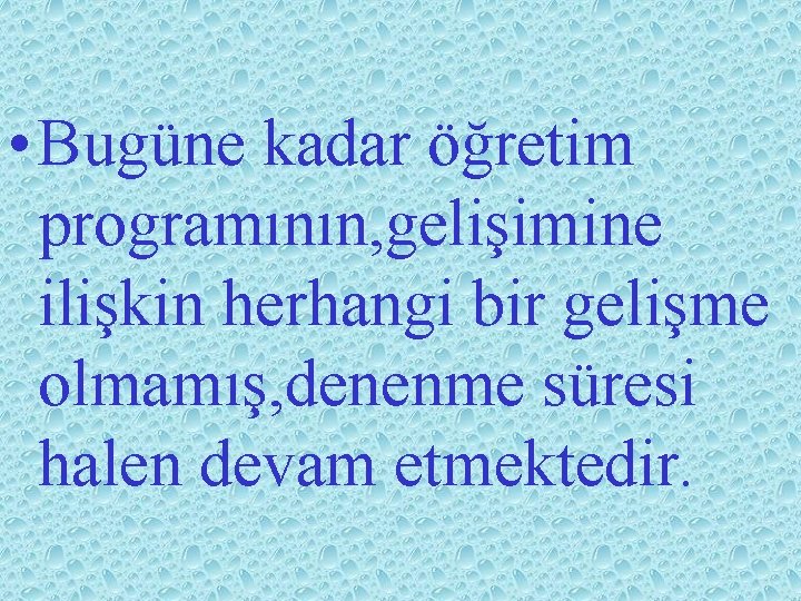  • Bugüne kadar öğretim programının, gelişimine ilişkin herhangi bir gelişme olmamış, denenme süresi