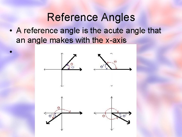 Reference Angles • A reference angle is the acute angle that an angle makes