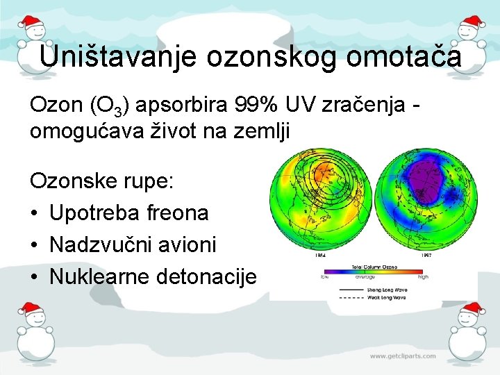 Uništavanje ozonskog omotača Ozon (O 3) apsorbira 99% UV zračenja omogućava život na zemlji