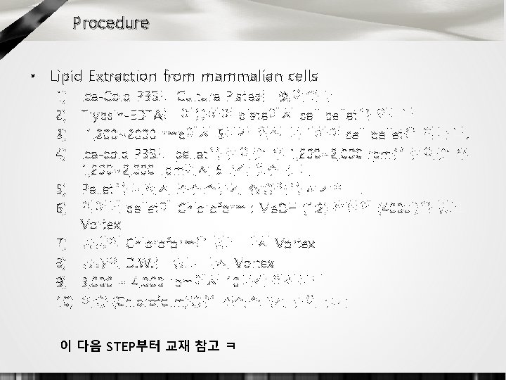 Procedure • Lipid Extraction from mammalian cells 1) Ice-Cold PBS로 Culture Plates를 씻어준다 2)
