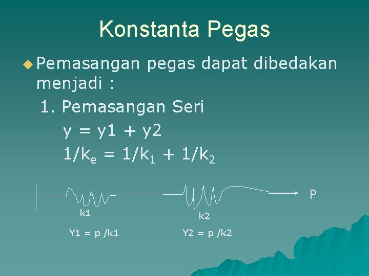 Konstanta Pegas u Pemasangan pegas dapat dibedakan menjadi : 1. Pemasangan Seri y =