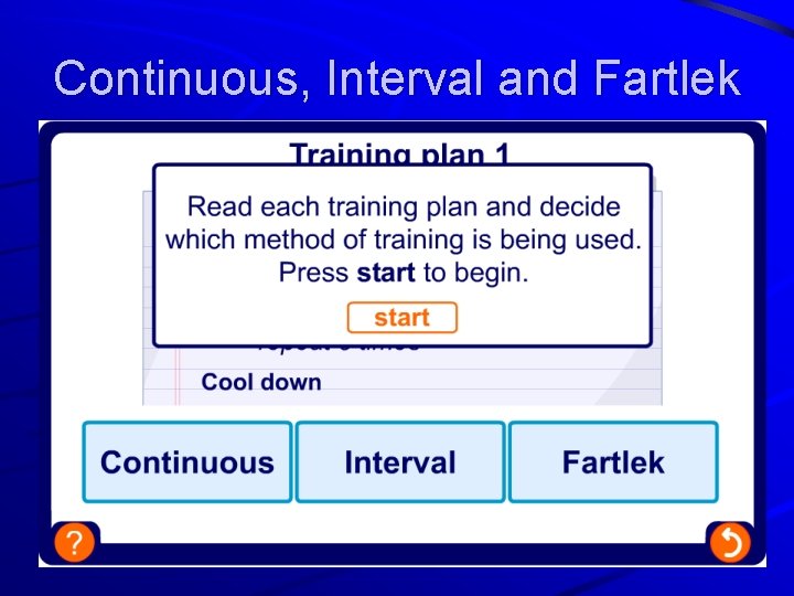 Continuous, Interval and Fartlek 
