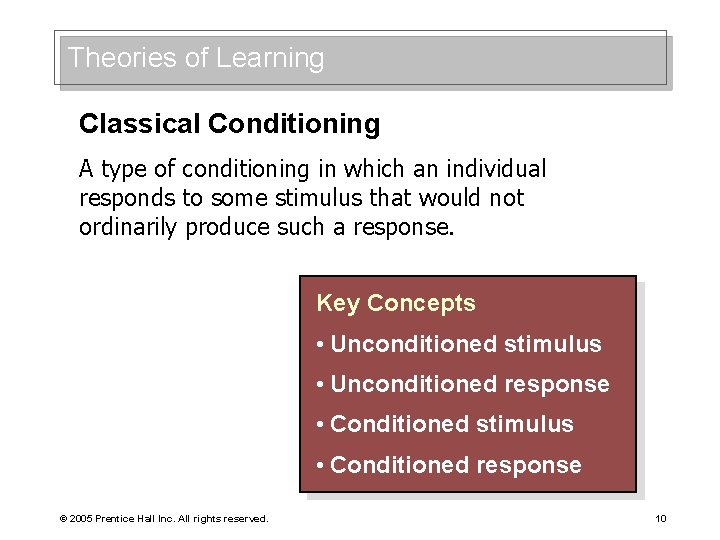 Theories of Learning Classical Conditioning A type of conditioning in which an individual responds