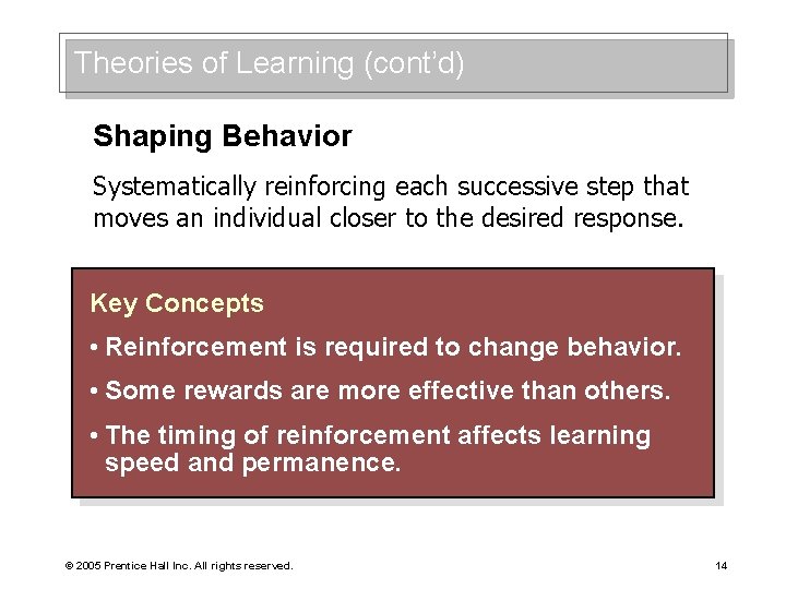 Theories of Learning (cont’d) Shaping Behavior Systematically reinforcing each successive step that moves an