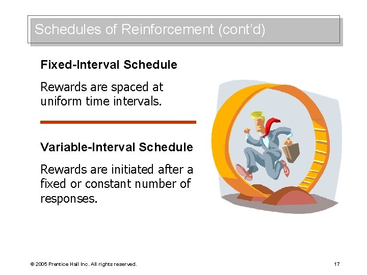 Schedules of Reinforcement (cont’d) Fixed-Interval Schedule Rewards are spaced at uniform time intervals. Variable-Interval