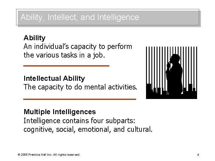 Ability, Intellect, and Intelligence Ability An individual’s capacity to perform the various tasks in