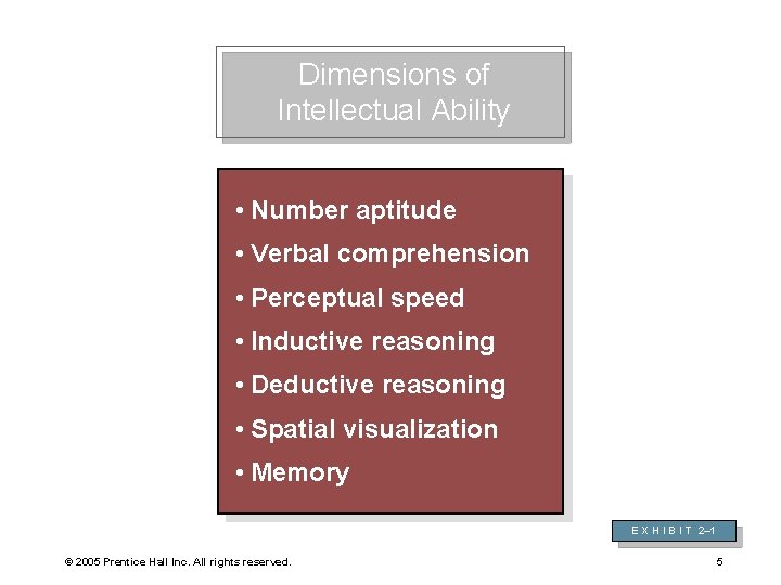 Dimensions of Intellectual Ability • Number aptitude • Verbal comprehension • Perceptual speed •