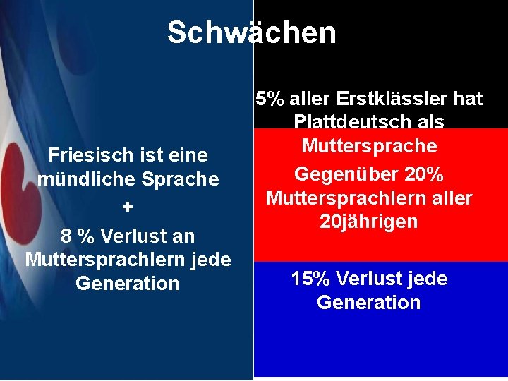 Schwächen Friesisch ist eine mündliche Sprache + 8 % Verlust an Muttersprachlern jede Generation Schwächen Friesisch ist eine mündliche Sprache + 8 % Verlust an Muttersprachlern jede Generation
