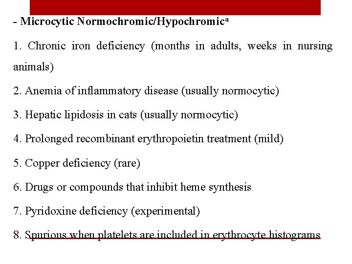 - Microcytic Normochromic/Hypochromica 1. Chronic iron deficiency (months in adults, weeks in nursing animals)