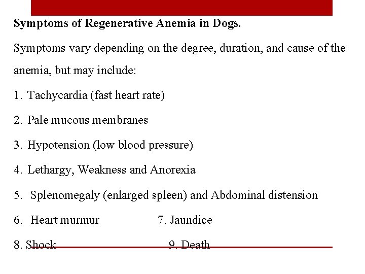 Symptoms of Regenerative Anemia in Dogs. Symptoms vary depending on the degree, duration, and