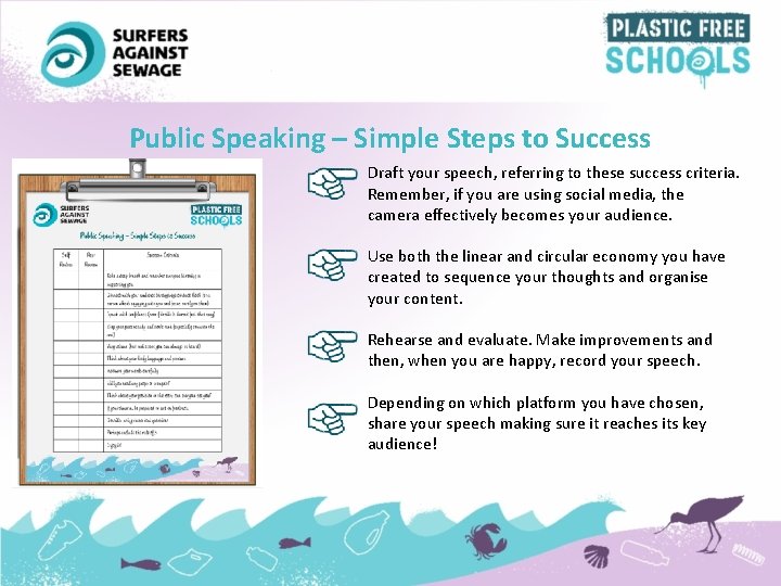 Public Speaking – Simple Steps to Success Draft your speech, referring to these success