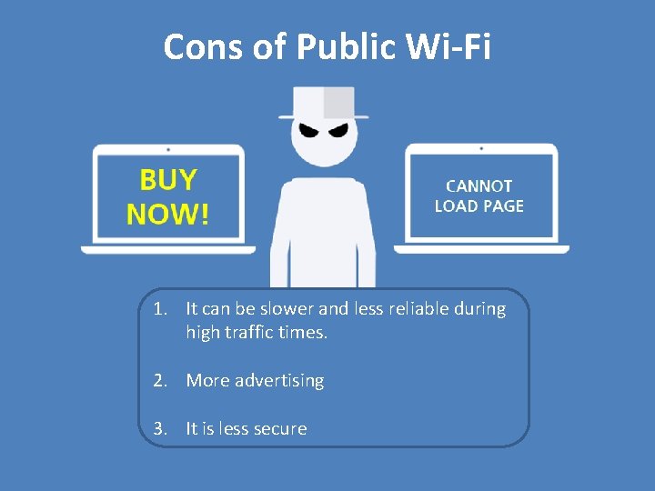 Cons of Public Wi-Fi 1. It can be slower and less reliable during high