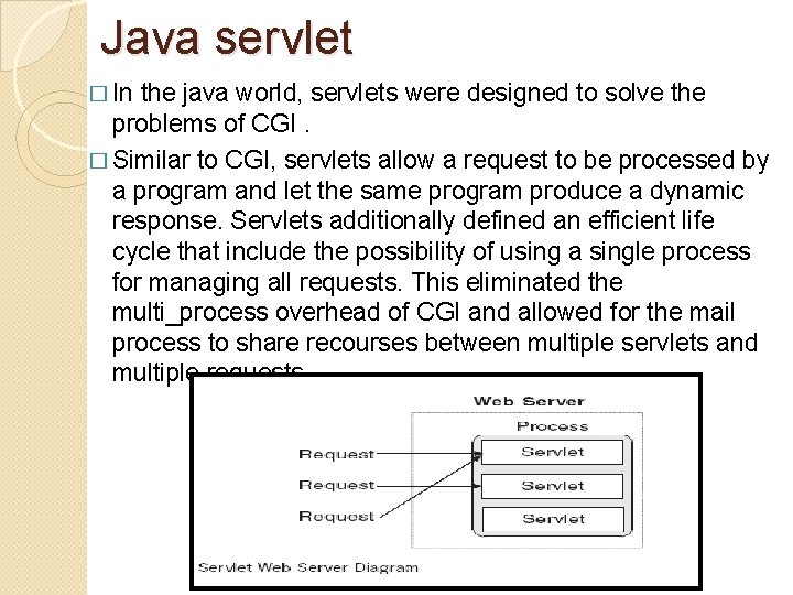 Java servlet � In the java world, servlets were designed to solve the problems