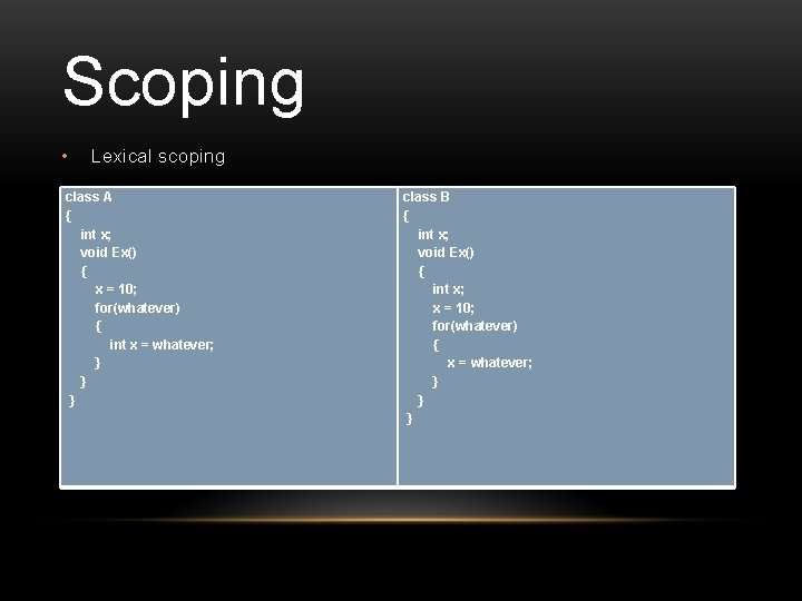 Scoping • Lexical scoping class A { int x; void Ex() { x =