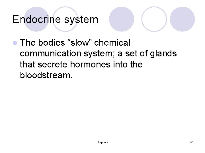 Endocrine system l The bodies “slow” chemical communication system; a set of glands that