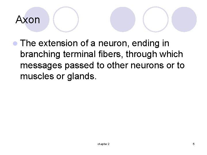Axon l The extension of a neuron, ending in branching terminal fibers, through which