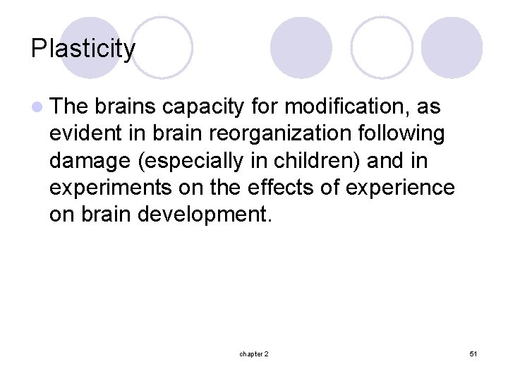 Plasticity l The brains capacity for modification, as evident in brain reorganization following damage
