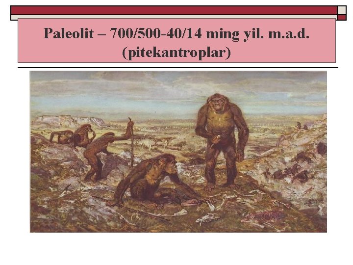 Paleolit – 700/500 -40/14 ming yil. m. a. d. (pitekantroplar) 