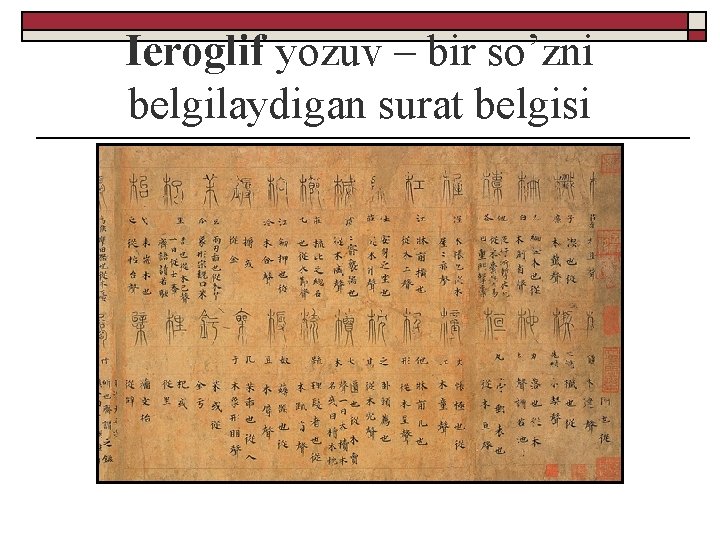 Ieroglif yozuv – bir so’zni belgilaydigan surat belgisi 