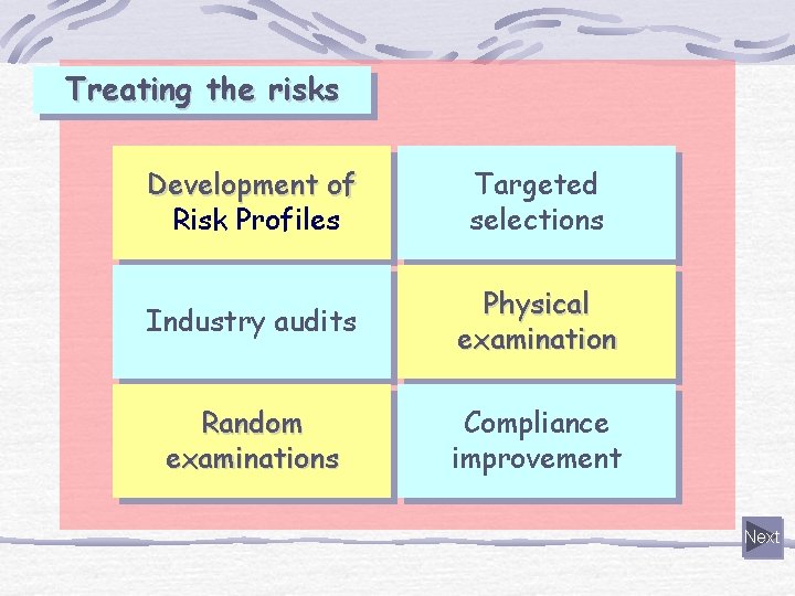 Treating the risks Development of Risk Profiles Targeted selections Industry audits Physical examination Random