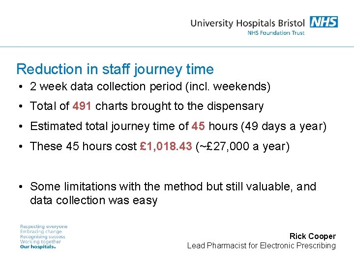 Reduction in staff journey time • 2 week data collection period (incl. weekends) •