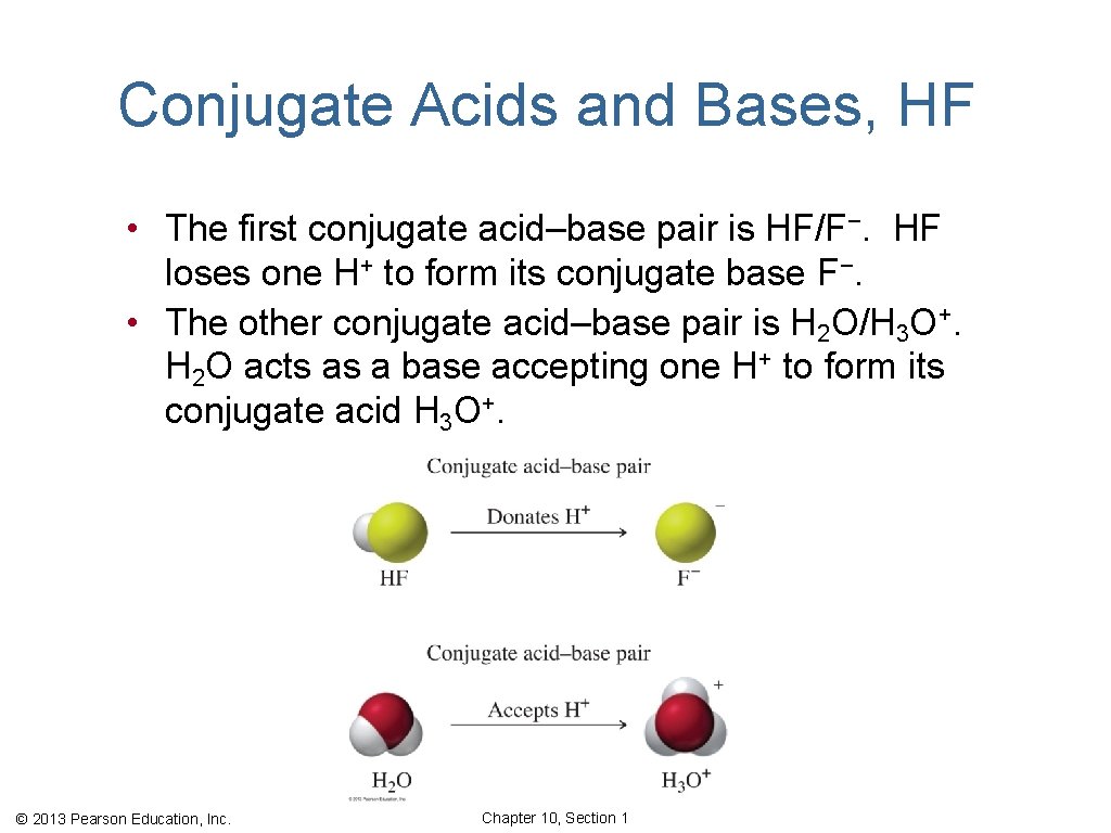 Conjugate Acids and Bases, HF • The first conjugate acid–base pair is HF/F−. HF