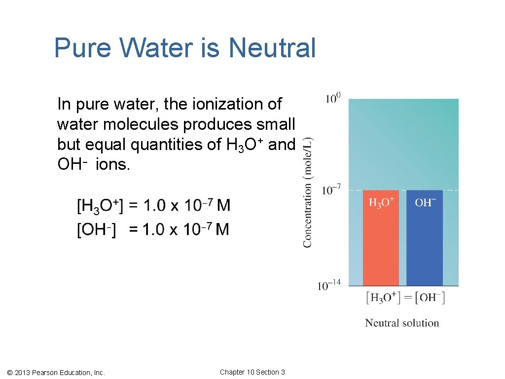 Pure Water is Neutral In pure water, the ionization of water molecules produces small